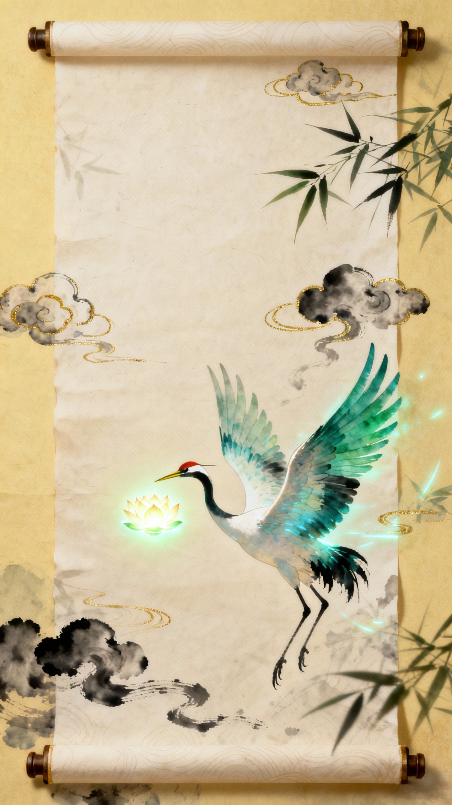 国潮新中式风・《青绿仙鹤卷》9:16 竖屏比例，2160×3840px 分辨率